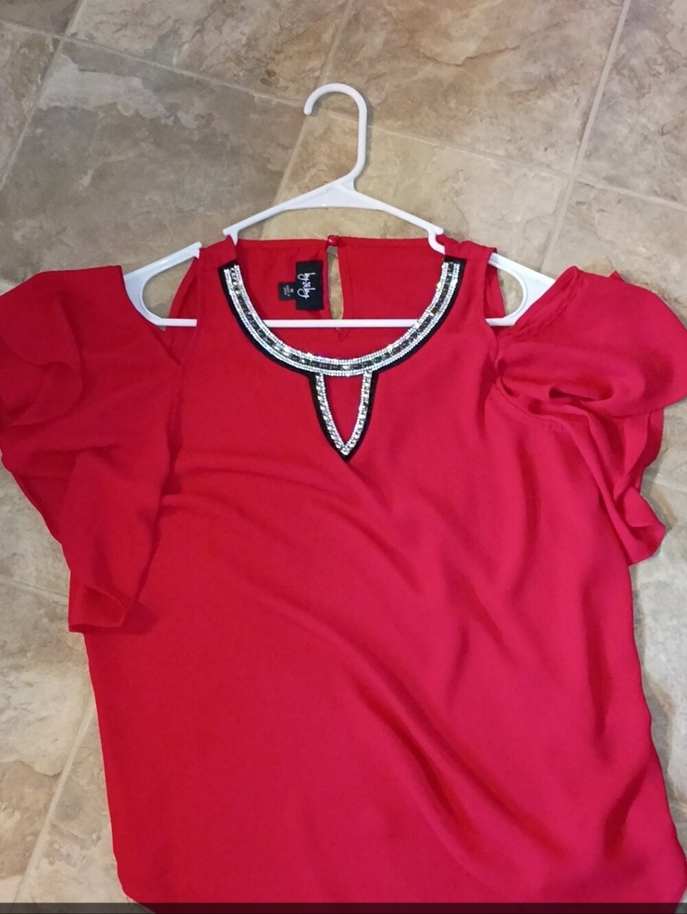 Women’s Red Open-Shoulder Beaded Neck Top